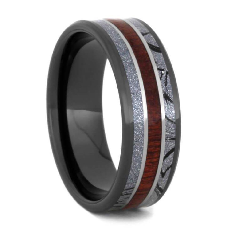 Bloodwood, Cobaltium Mokume, Titanium 8mm Comfort-Fit Black Ceramic Sleeve Band