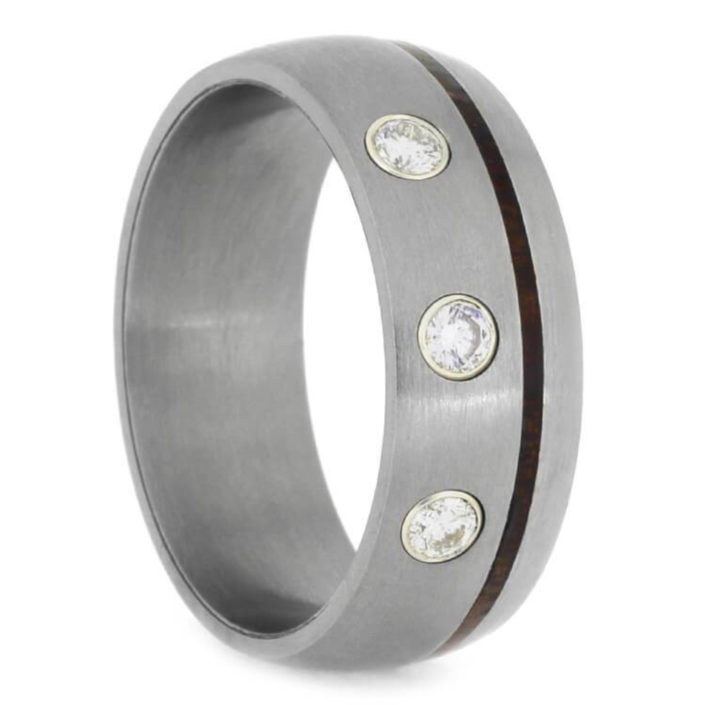 Diamond, Ipe Wood 8mm Brushed Titanium Comfort-Fit Wedding Band