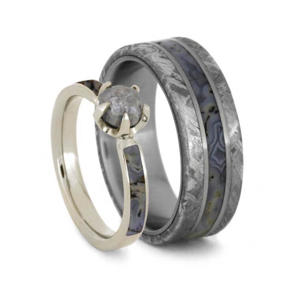 Rough Diamond, 10k White Gold, Dinosaur Bone, Meteorite Comfort-Fit Titanium  Couples Wedding Band Set