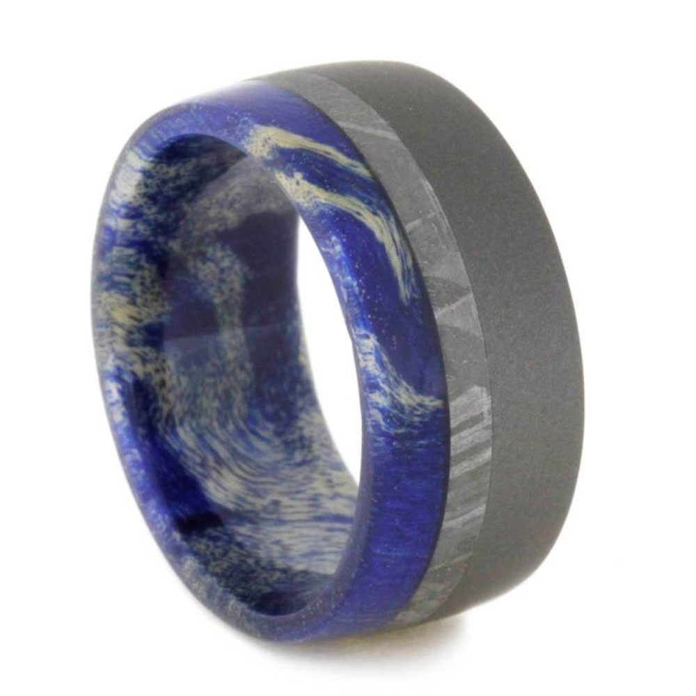 Gibeon Meteorite, Sandblasted Titanium 10mm Comfort-Fit Blue Box Elder Burl Sleeve Band