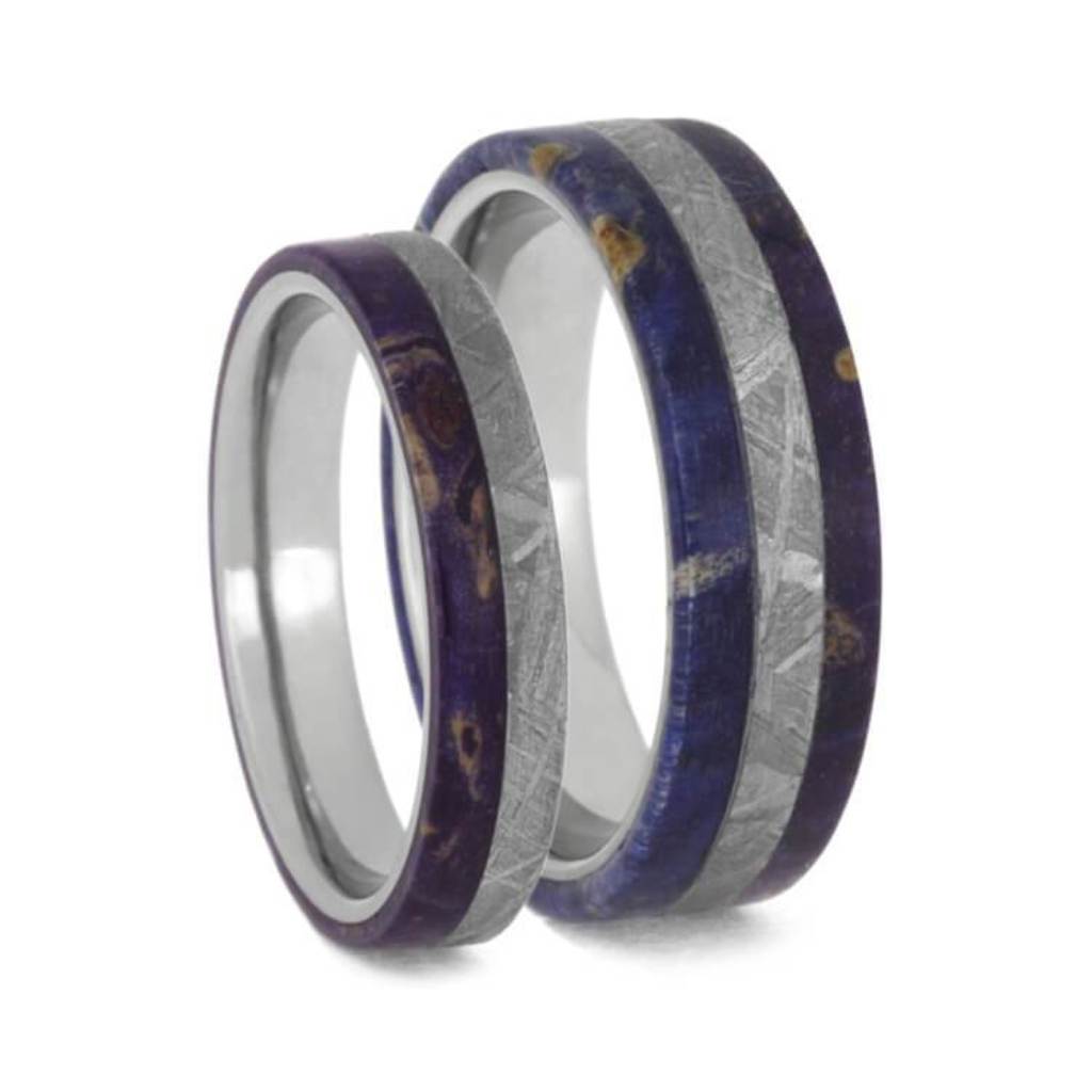 Meteorite, Purple Box Elder Burl Wood Comfort-Fit Titanium  Couples Wedding Band Set