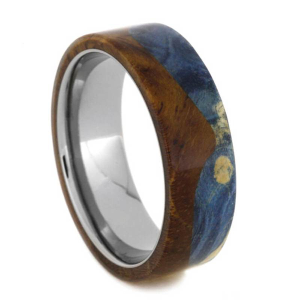 Wavy Blue Box Elder and Teak Wood 7.5mm Titanium Comfort-Fit Wedding Band