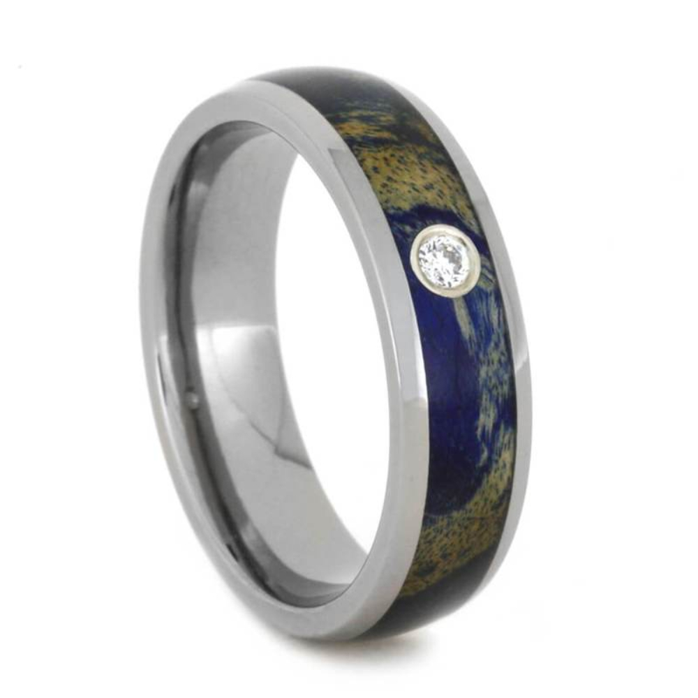 Diamond, Blue Box Elder Burl 6mm Titanium Comfort-Fit Wedding Band