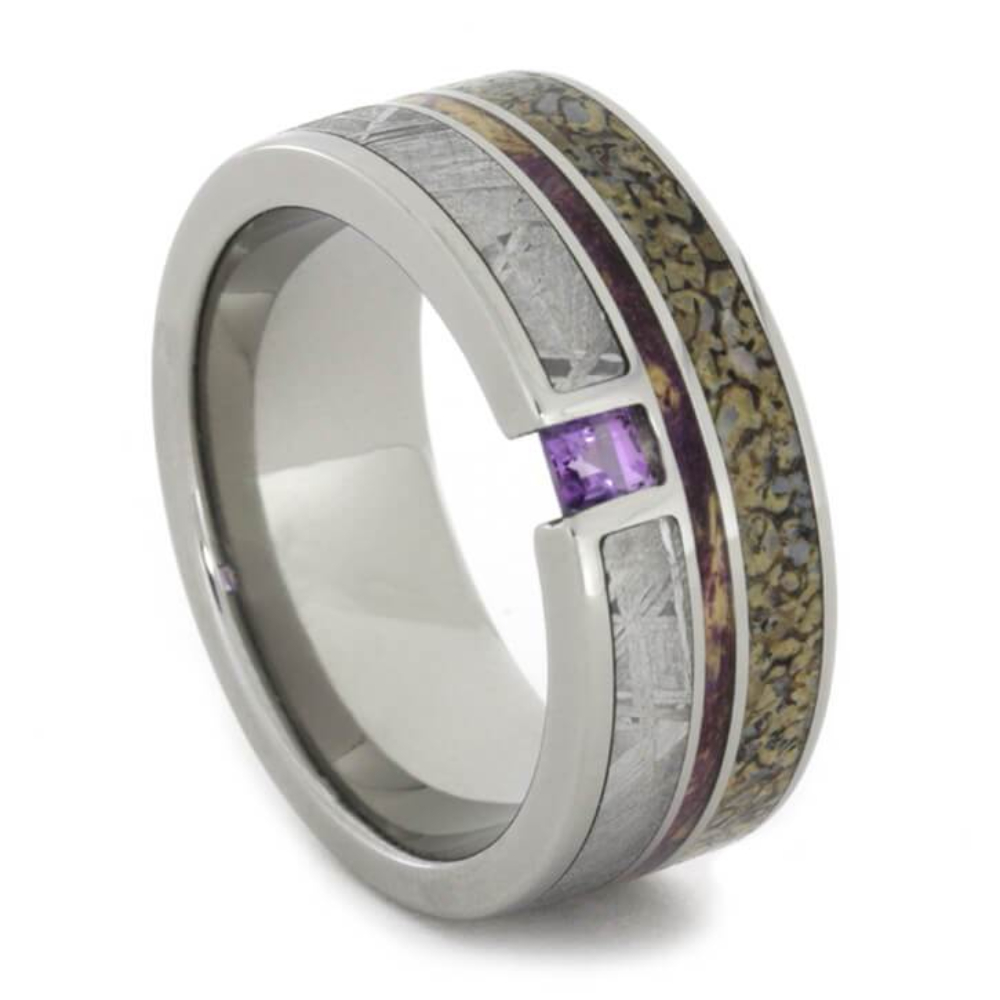 Amethyst, Gibeon Meteorite, Dinosaur Bone, Purple Box Elder Burl 10mm Titanium Comfort-Fit Wedding Band