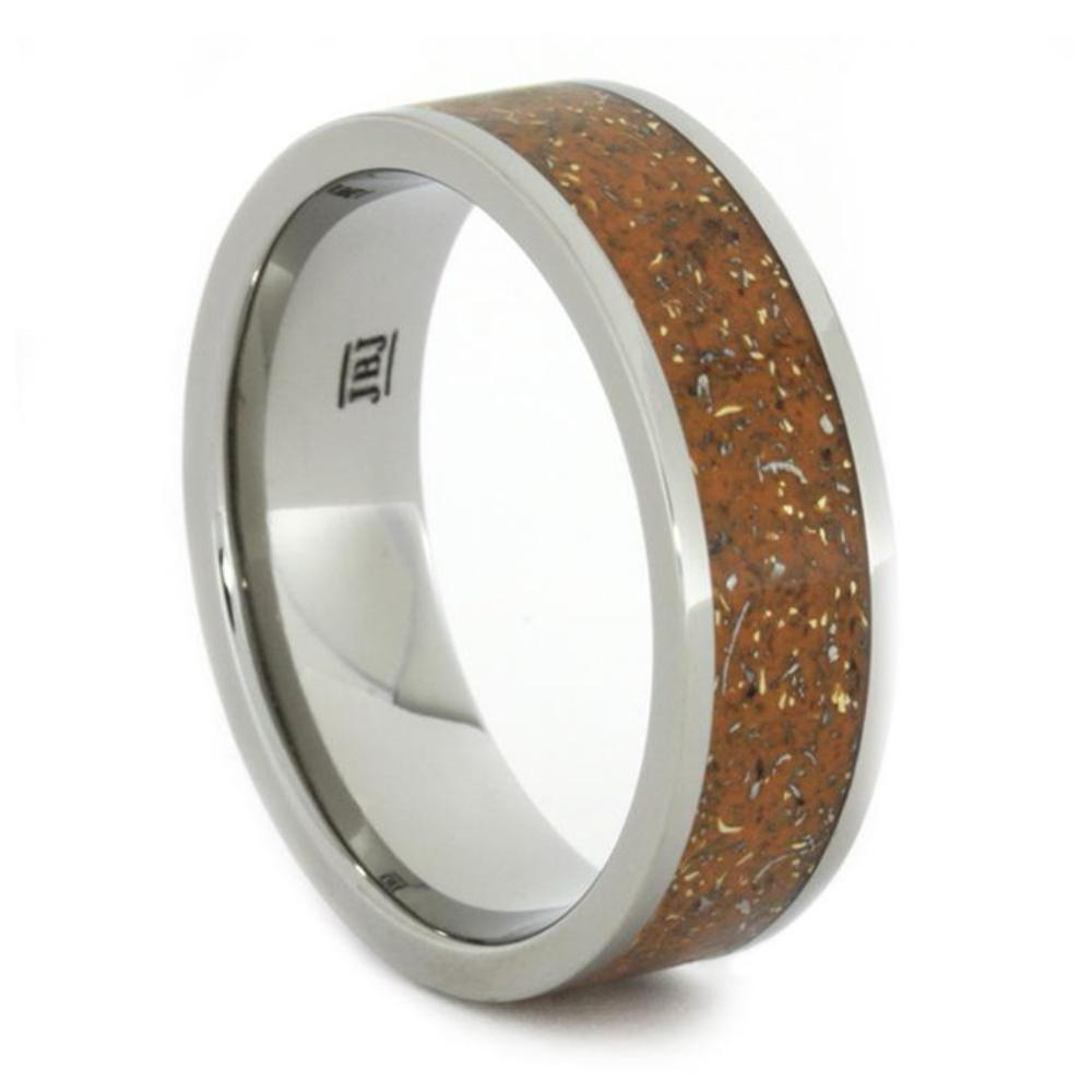 Orange Stardust Band with Meteorite and Yellow Gold 7mm Comfort-Fit Titanium Ring