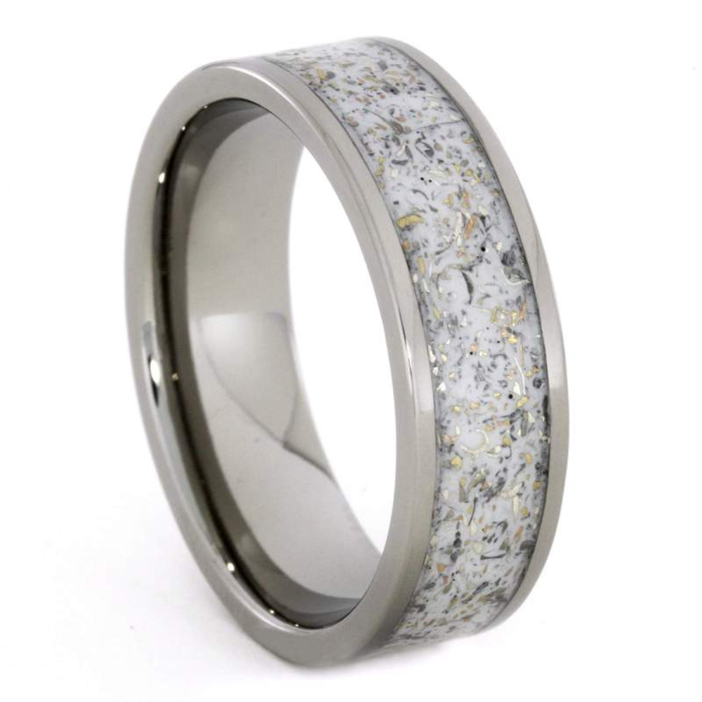 White Stardust Band with Meteorite and Yellow Gold 7mm Comfort-Fit Titanium Ring