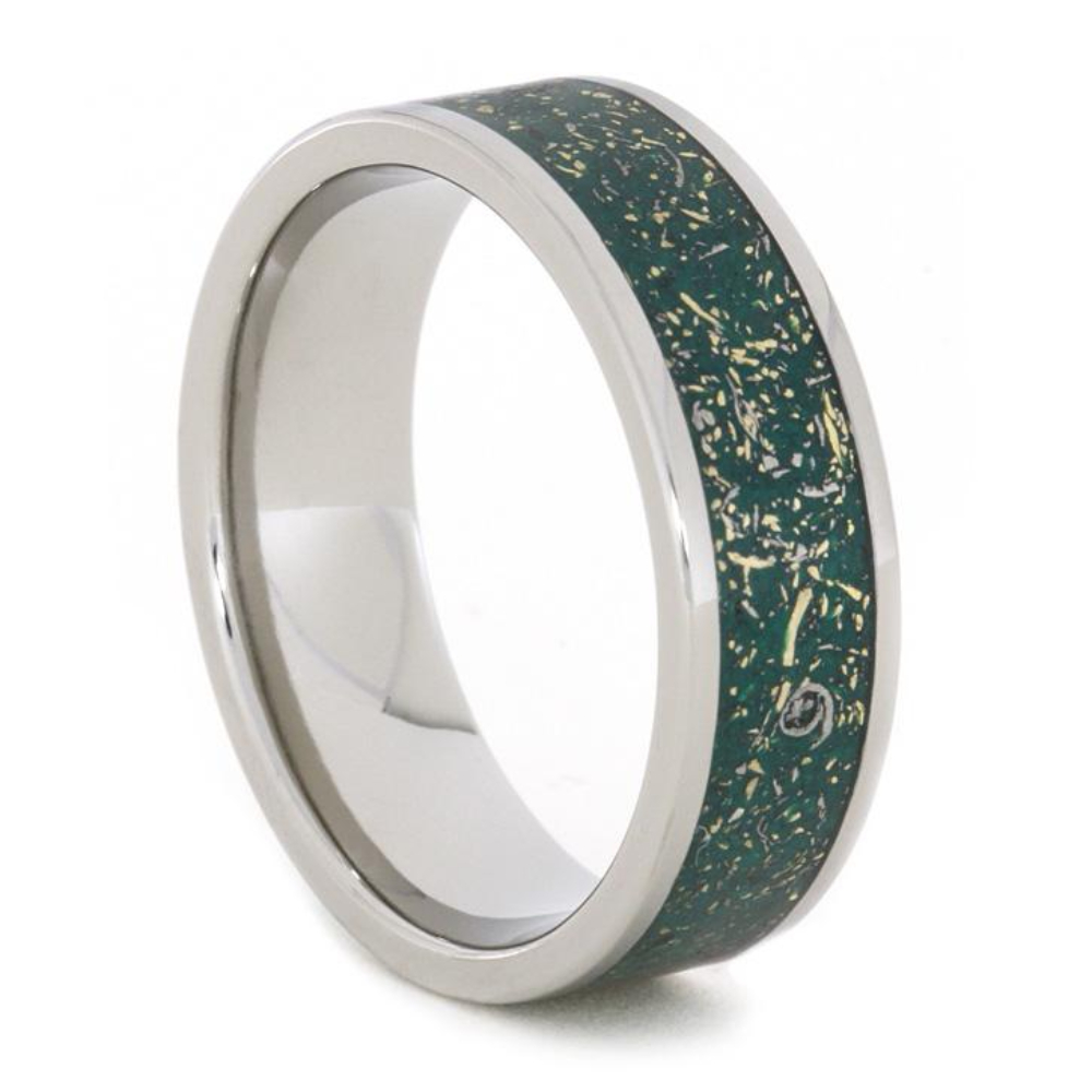 Green Stardust Band with Meteorite and Yellow Gold 7mm Comfort-Fit Titanium Ring