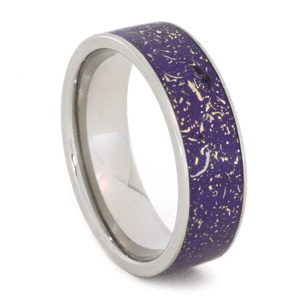 Purple Stardust Band with Meteorite and Gold 7mm Comfort-Fit Titanium Ring