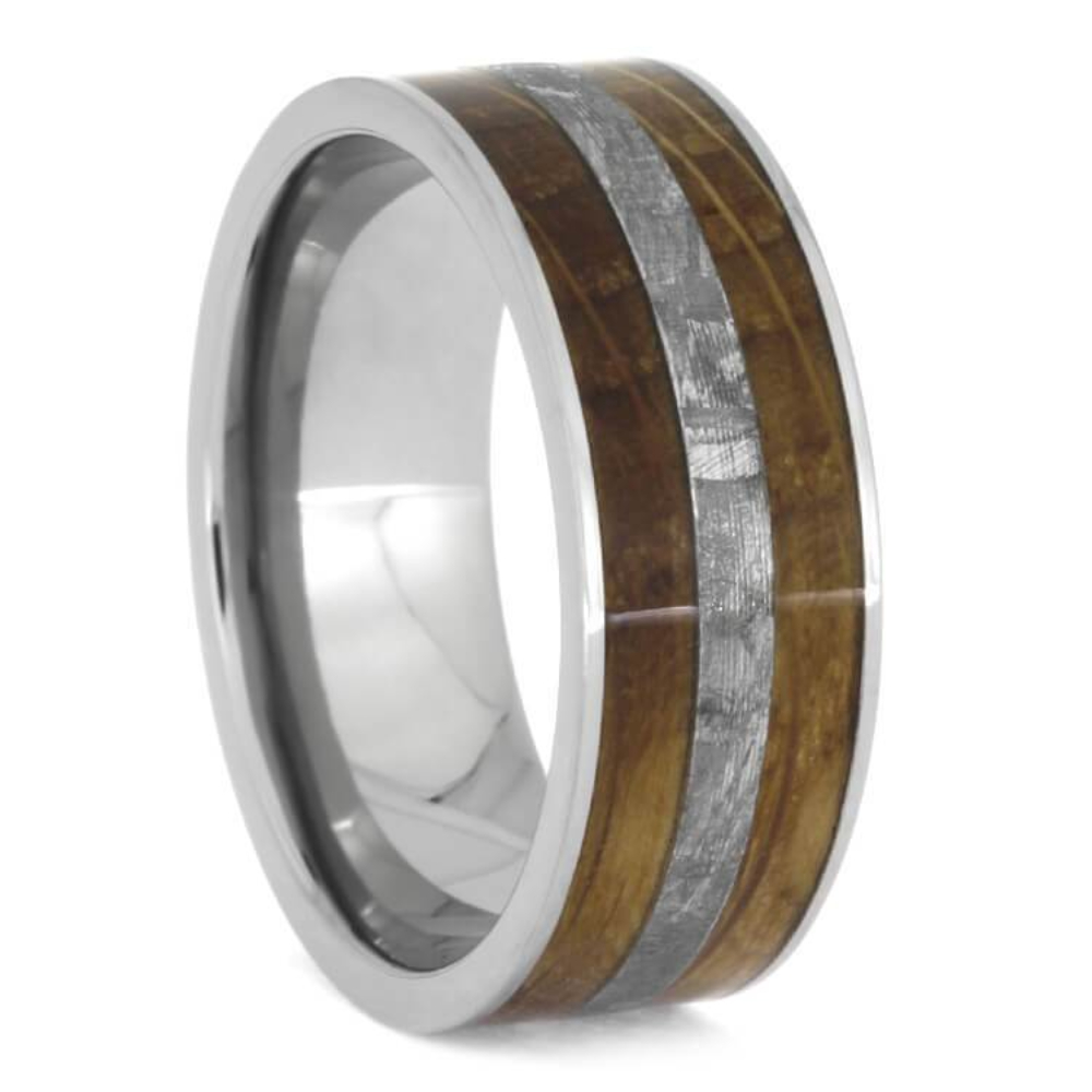 Whiskey Barrel Oak Wood, Gibeon Meteorite Inlay 8mm Comfort-Fit Titanium Wedding Band