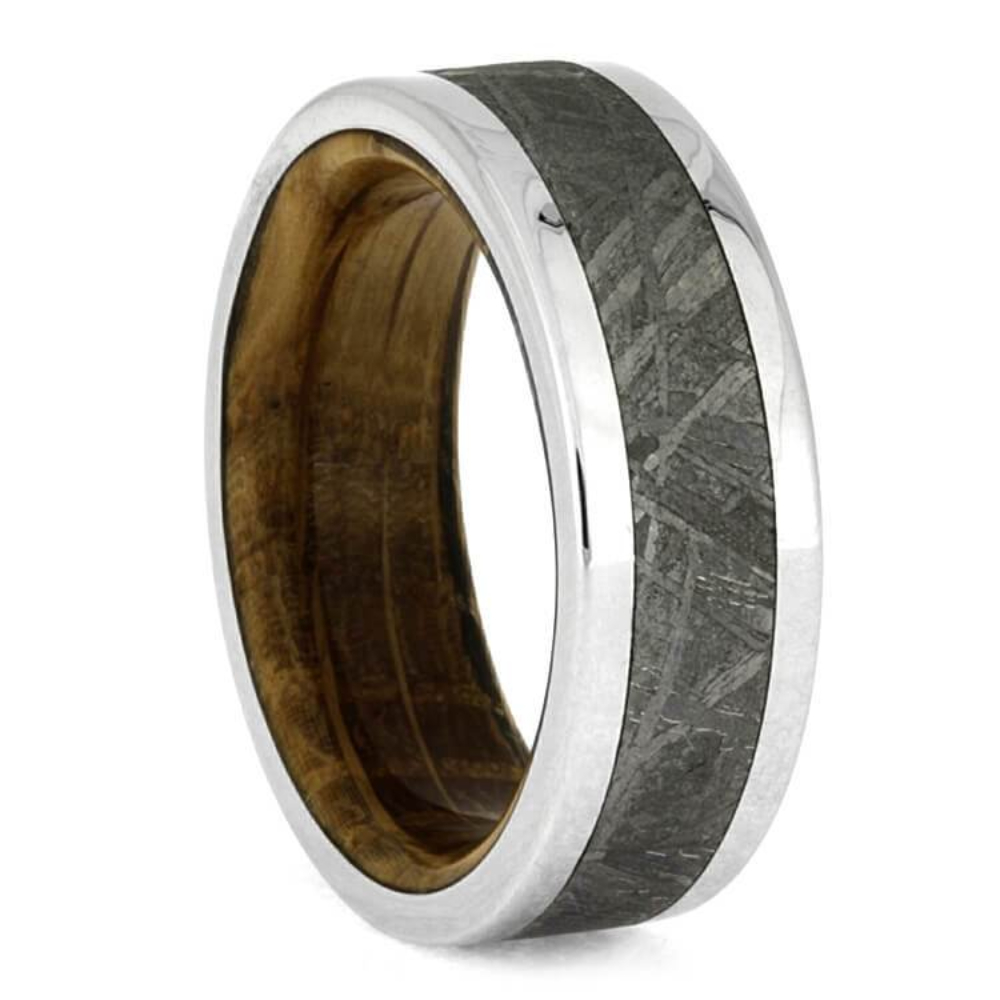 WHISKEY OAK WOOD RING, METEORITE WEDDING BAND IN TITANIUM