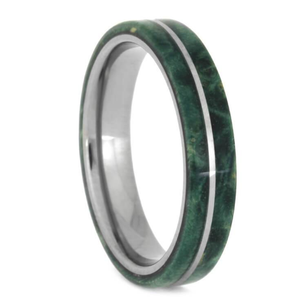  NARROW WOOD WEDDING BAND WITH GREEN BOX ELDER BURL, TITANIUM RING
