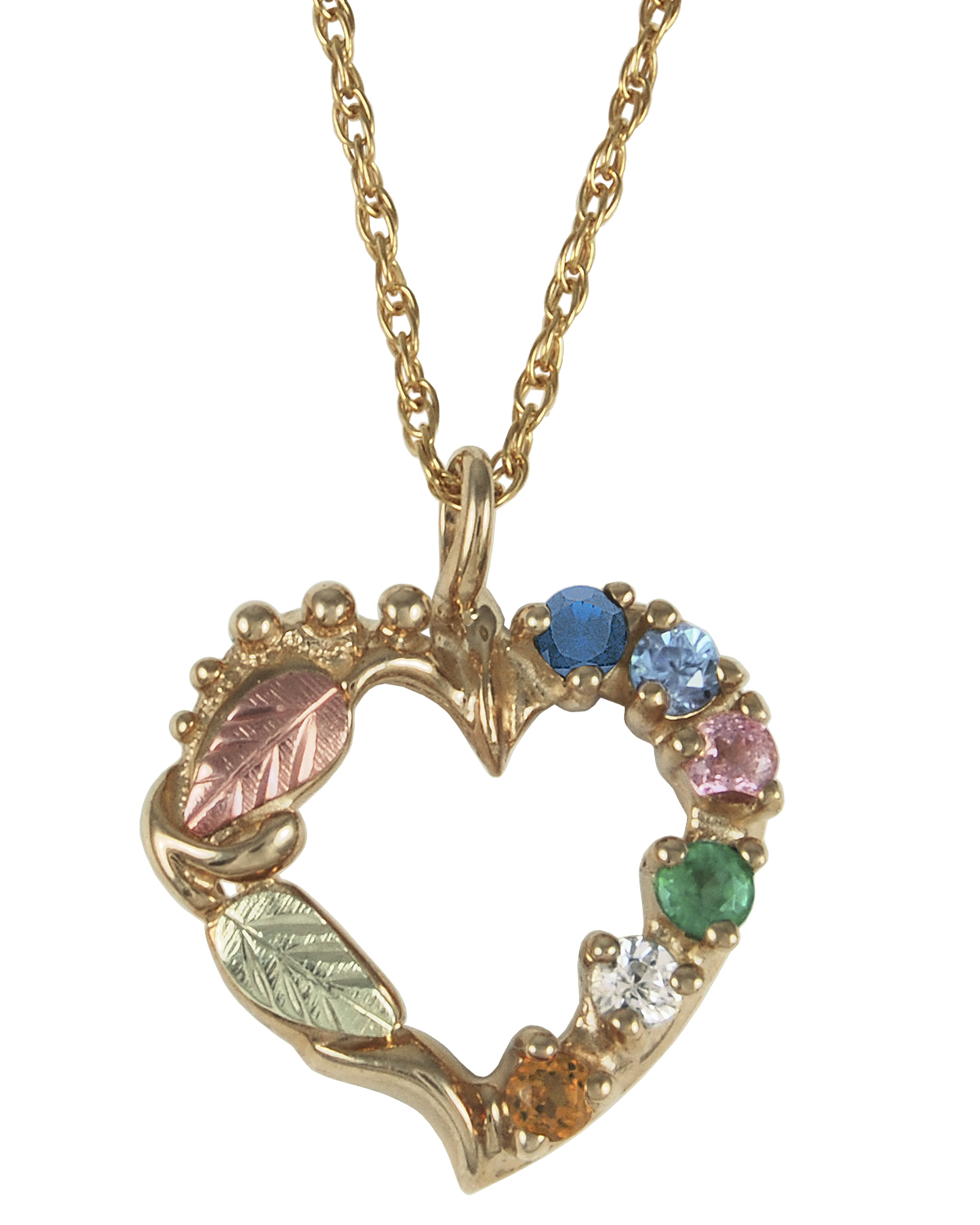 Sapphire, Aquamarine, Pink Tourmaline, Emerald, White Topaz, Citrine Heart Pendant Necklace, 10k Yellow Gold, 12k Green and Rose Gold Black Hills Gold Motif