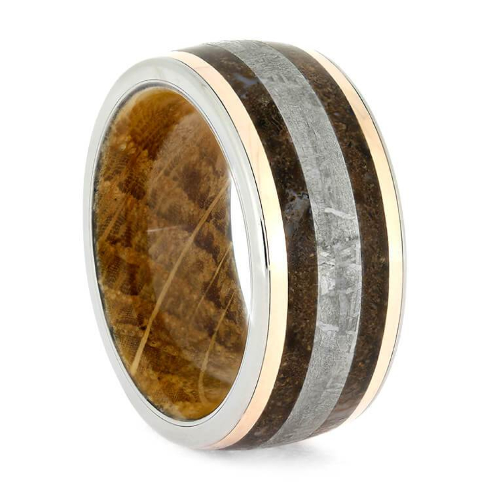  ROSE GOLD FOSSIL RING, METEORITE WEDDING BAND WITH WHISKEY OAK SLEEVE
