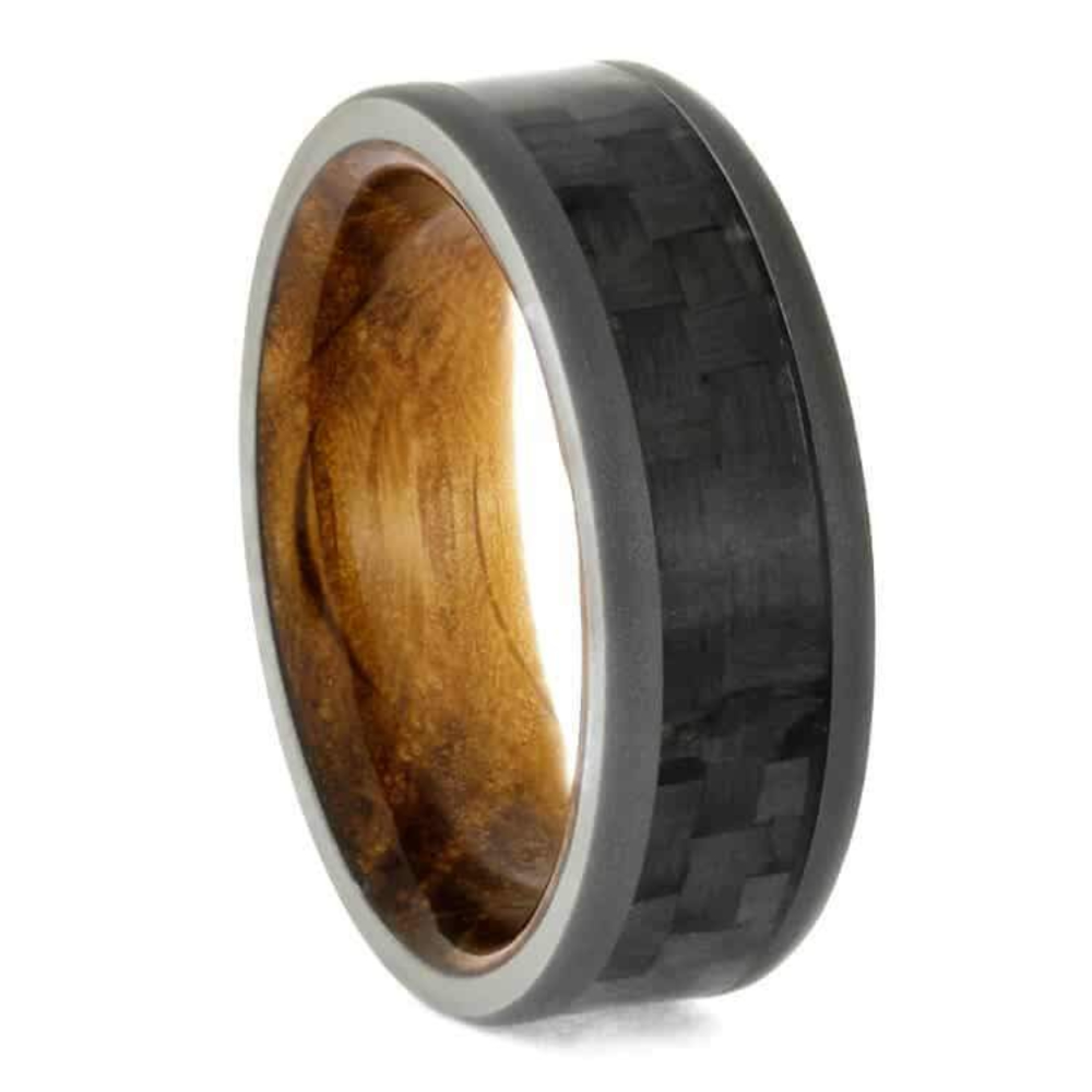  CARBON FIBER WEDDING BAND, WHISKEY OAK SLEEVE RING WITH SANDBLASTED TITANIUM