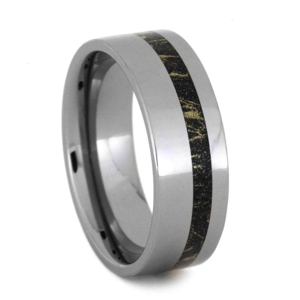Tungsten Wedding Band With Black And Gold Composite Mokume Gane