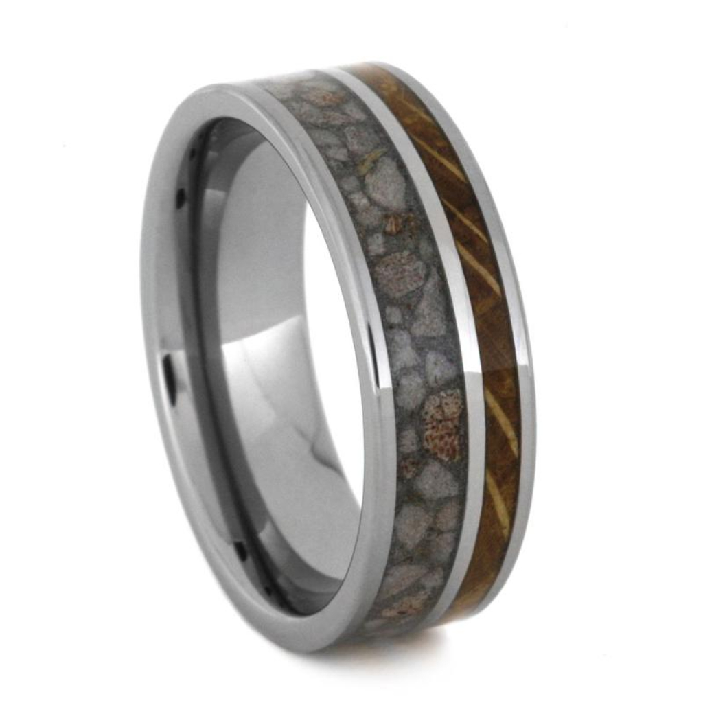 Crushed Antler Wedding Band With Whiskey Barrel Wood In Tungsten