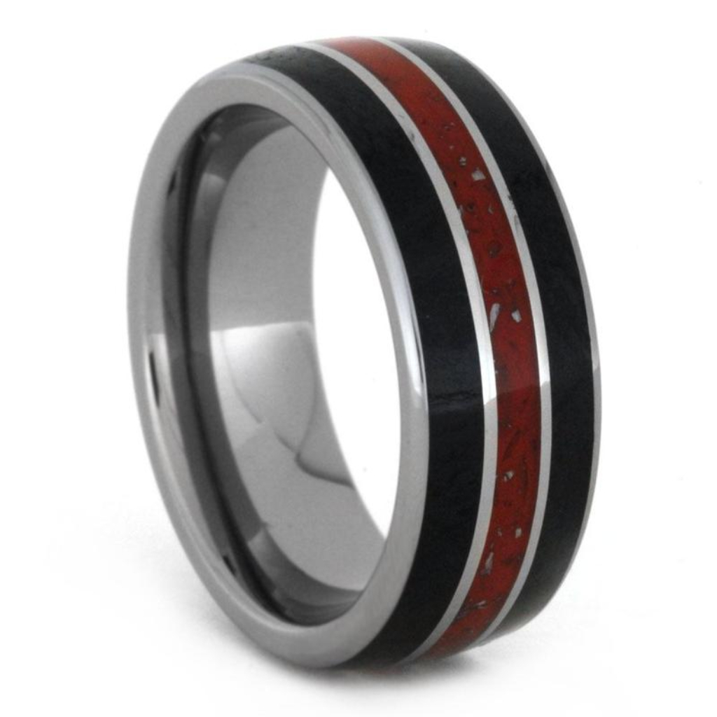 Jade Tungsten Wedding Band With Stardust Inlay, Red Enamel