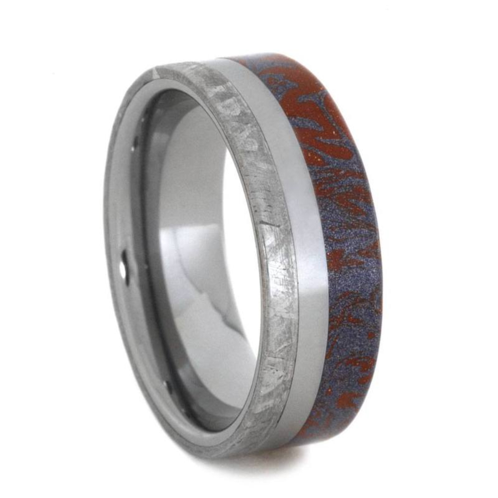Blue And Red Mokume Wedding Band With Meteorite Ring On Tungsten