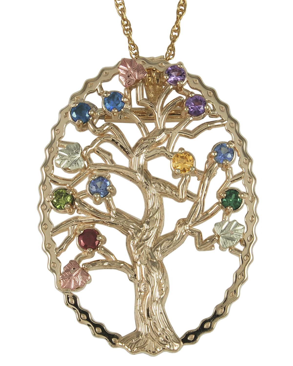 Multi Gemstone Tree Pendant Necklace, 10k Yellow Gold, 12k Green and Rose Gold Black Hills Gold Motif