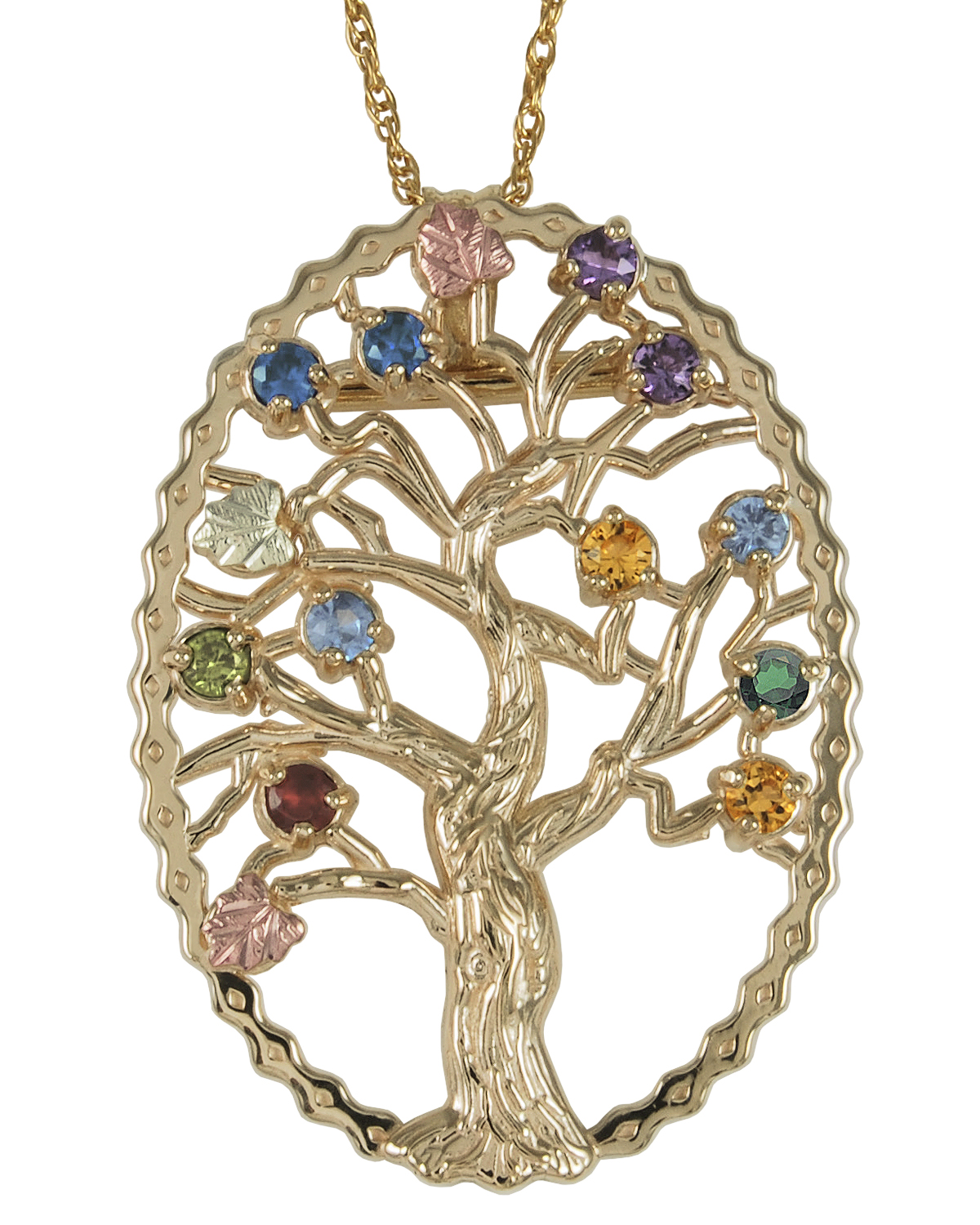 Multi Gemstone Tree Pendant Necklace, 10k Yellow Gold, 12k Green and Rose Gold Black Hills Gold Motif