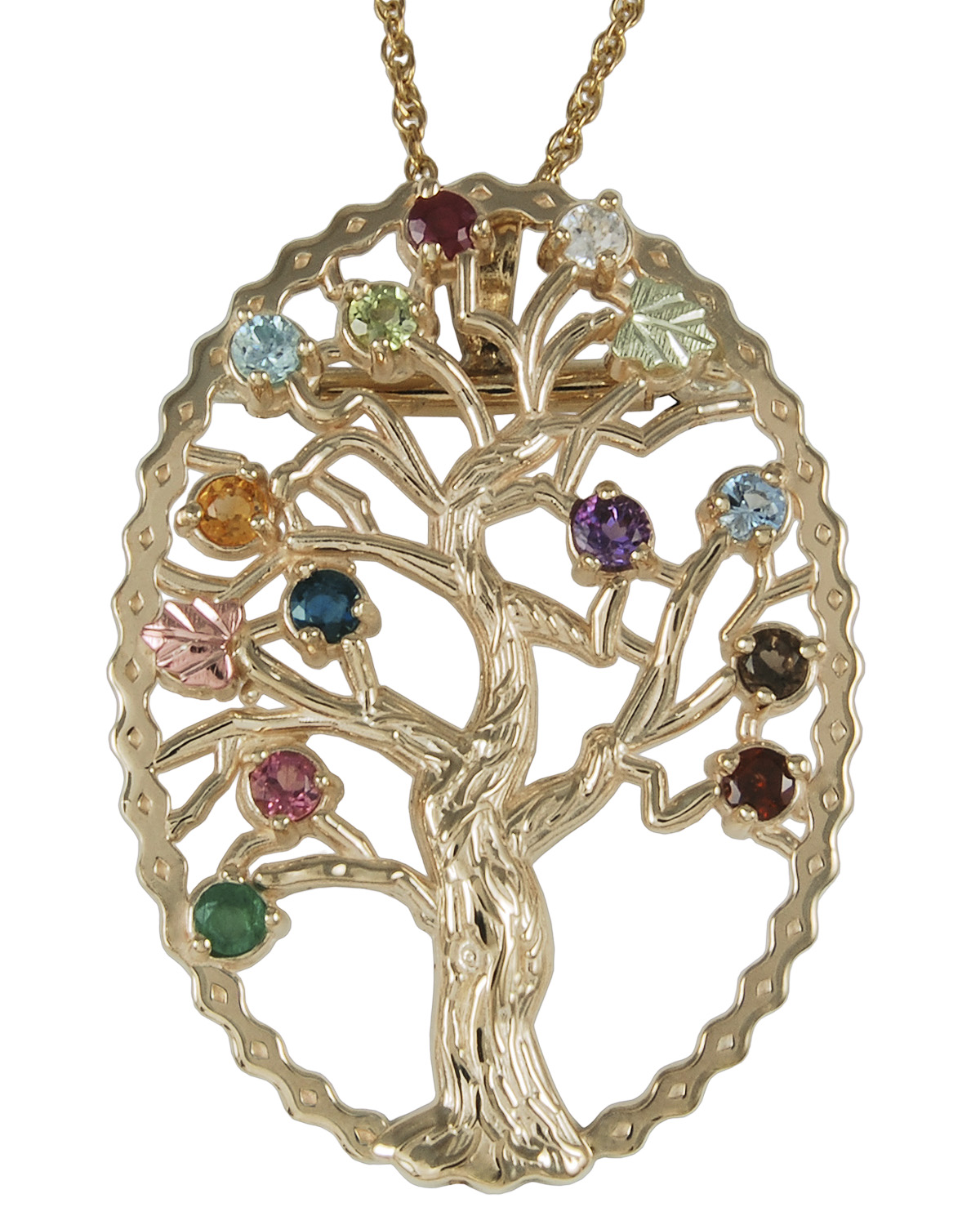 Multi Gemstone Tree Pendant Necklace, 10k Yellow Gold, 12k Green and Rose Gold Black Hills Gold Motif