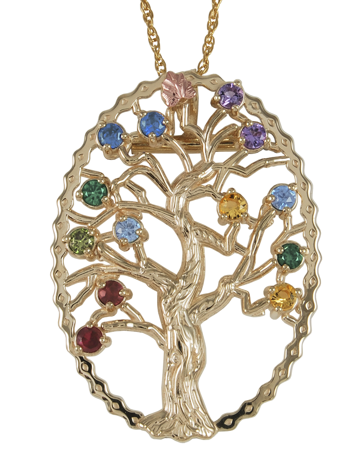 Multi Gemstone Tree Pendant Necklace, 10k Yellow Gold, 12k Green and Rose Gold Black Hills Gold Motif