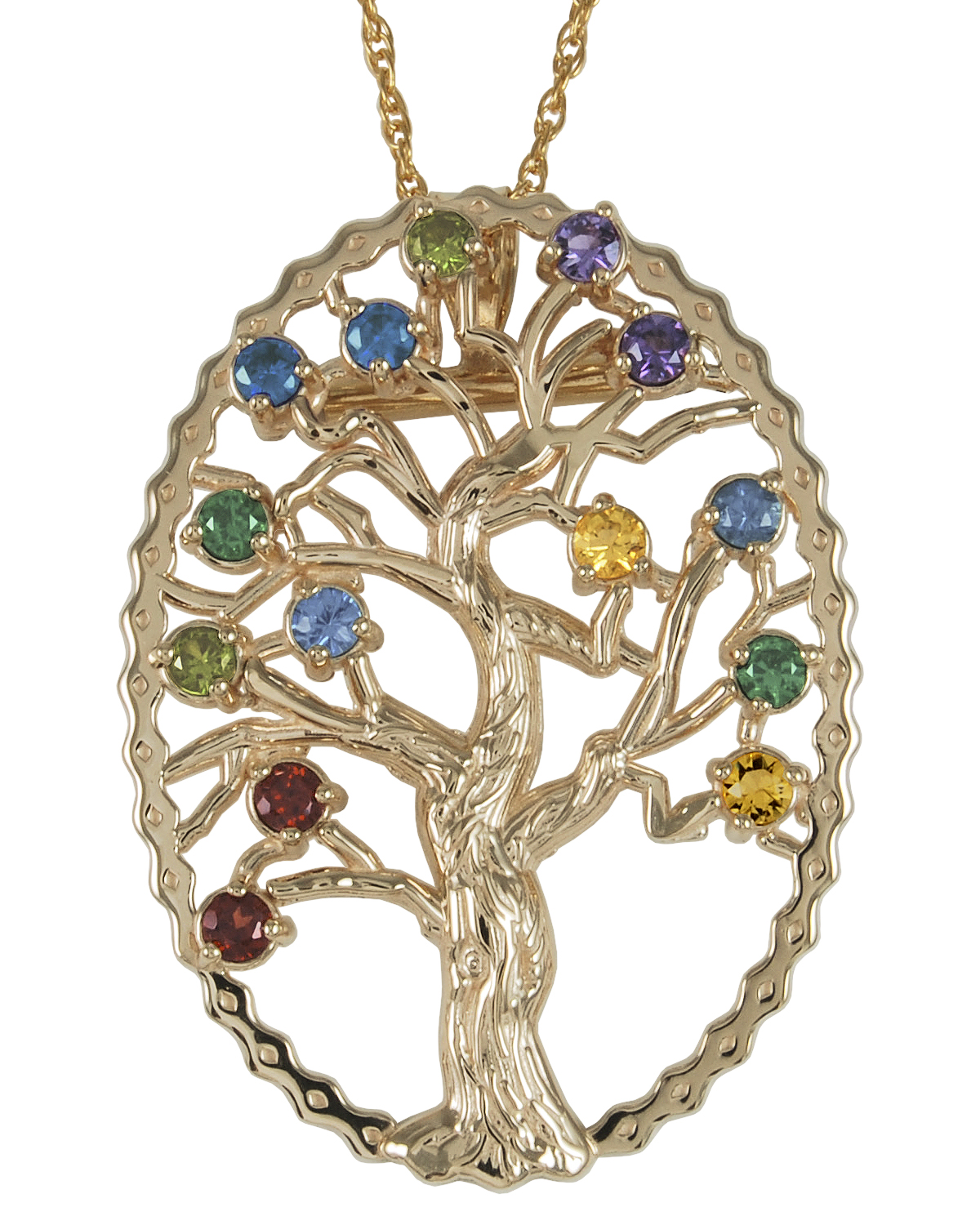 Multi Gemstone Tree Pendant Necklace, 10k Yellow Gold, 12k Green and Rose Gold Black Hills Gold Motif
