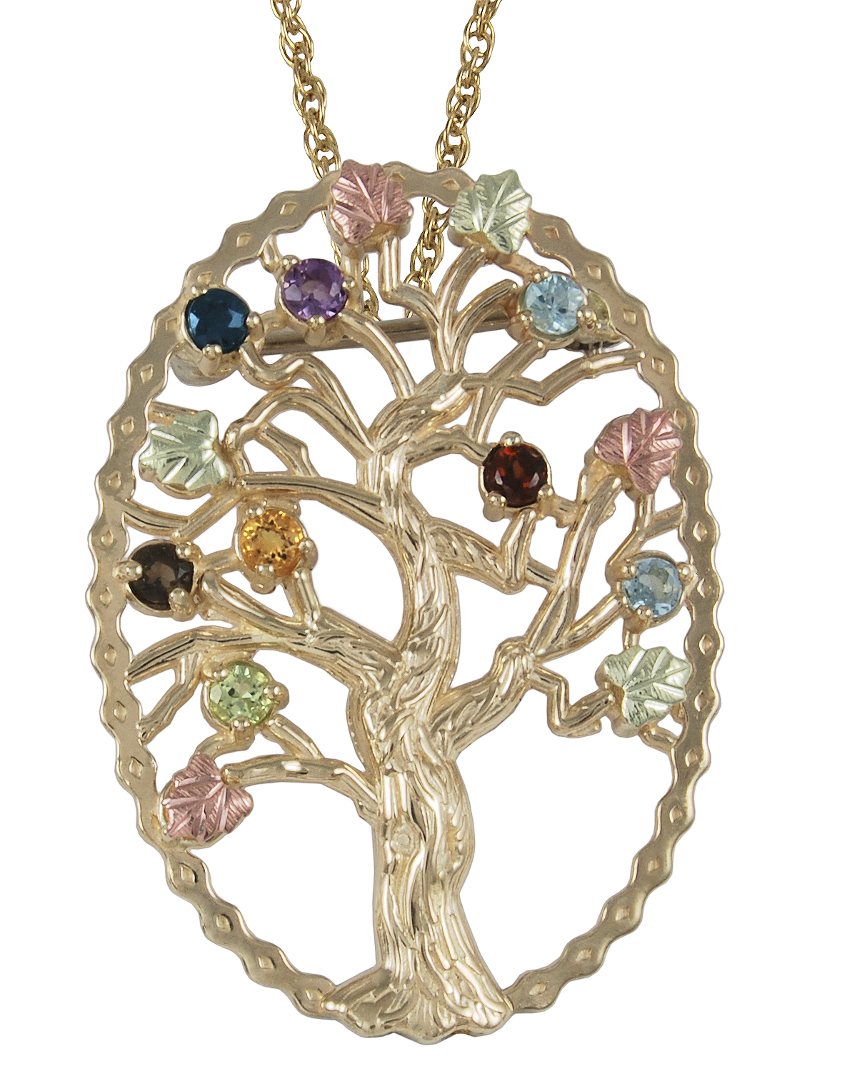 Multi Gemstone Tree Pendant Necklace, 10k Yellow Gold, 12k Green and Rose Gold Black Hills Gold Motif