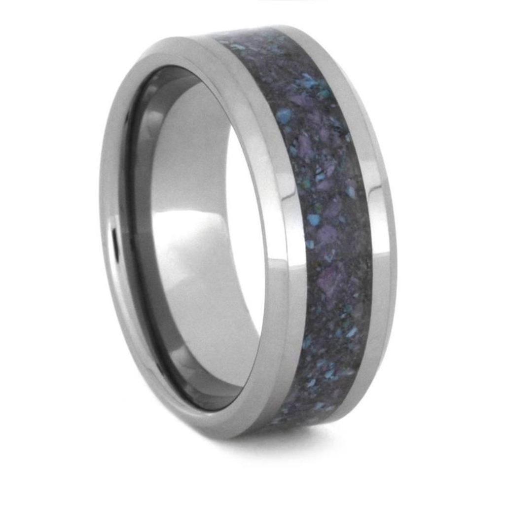 Turquoise And Amethyst Wedding Band, Tungsten Ring