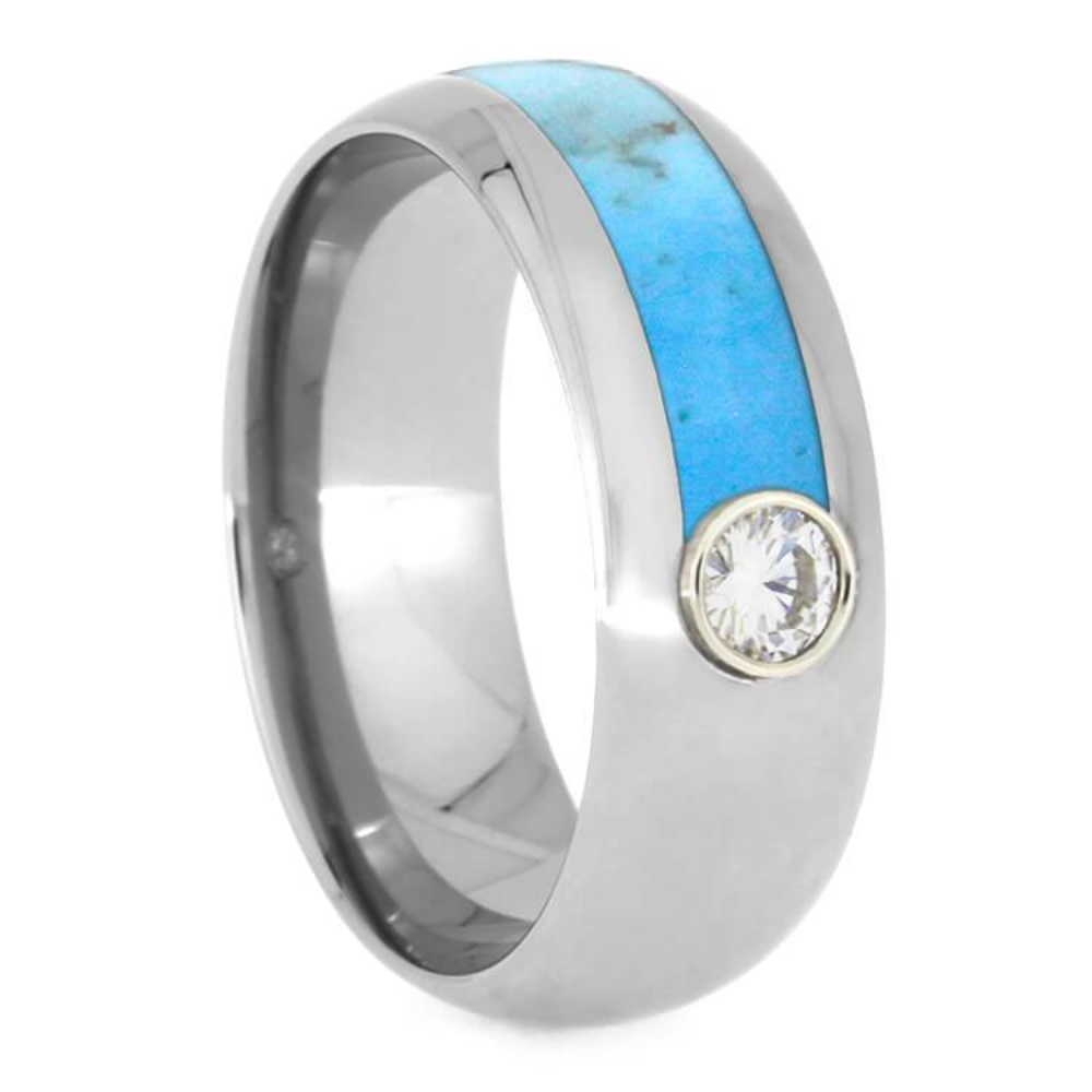 Moissanite, Turquoise 8mm Titanium Comfort-Fit Wedding Band 