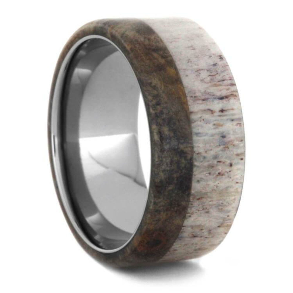 Deer Antler, Buckeye Burl 10mm Titanium Comfort-Fit Wedding Band 