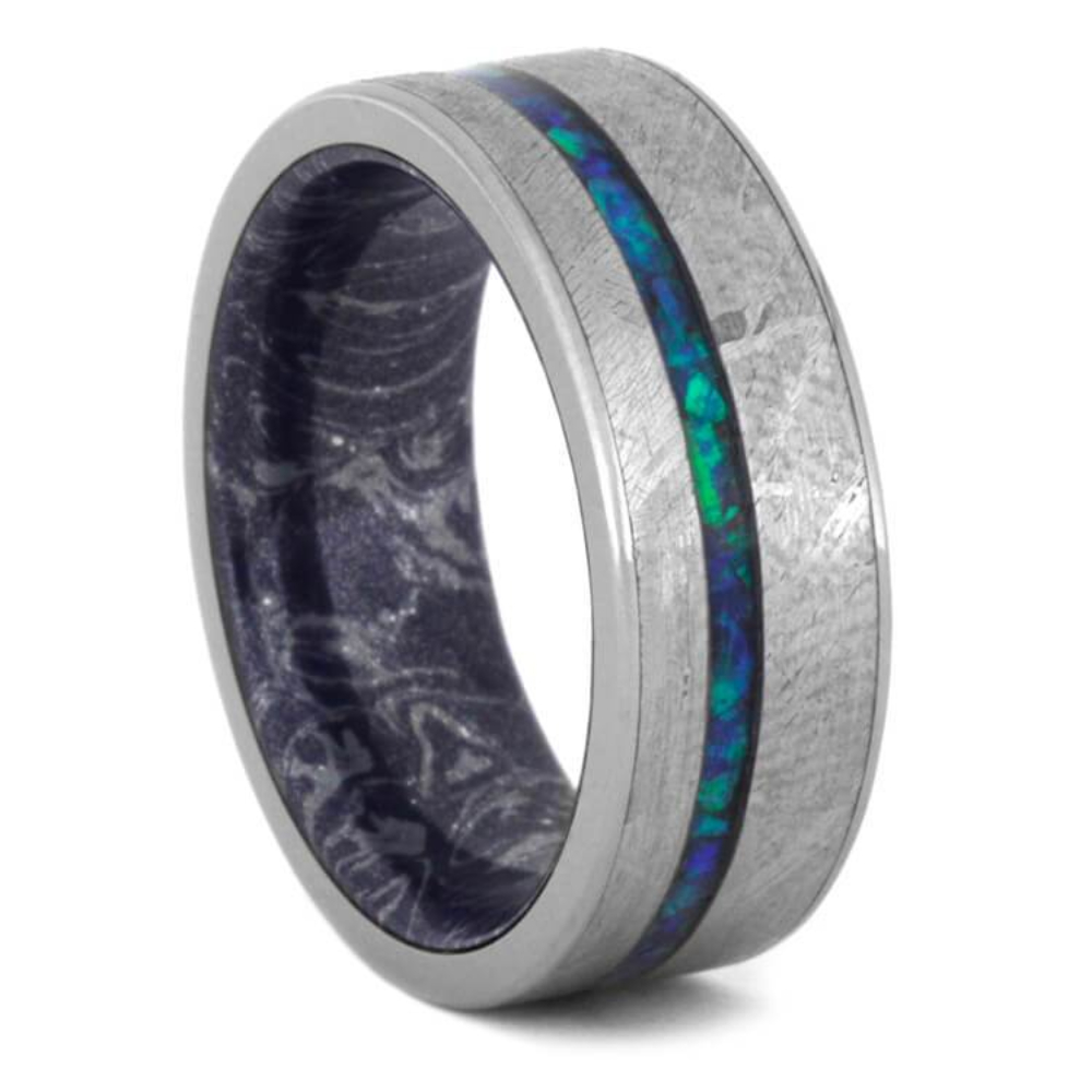 Opal - 6A, Gibeon Meteorite 8mm Comfort-Fit Mokume Gane Sleeve Band