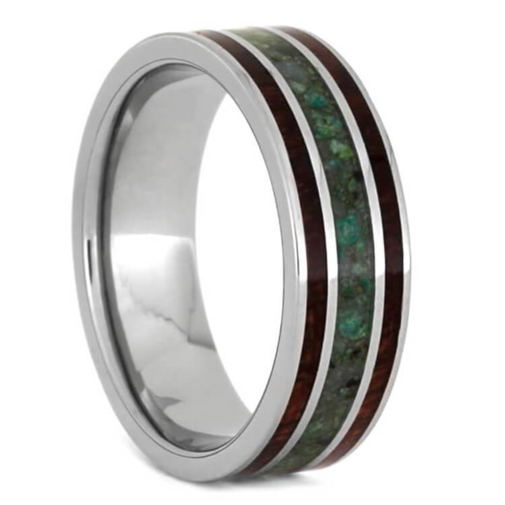 Chrysocolla, Bubinga Wood 8mm Titanium Comfort-Fit Wedding Band 