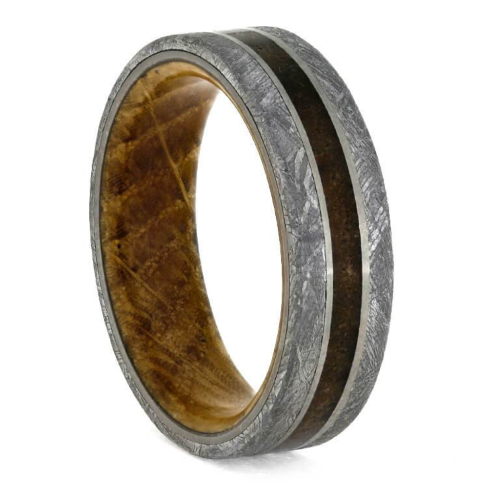 Petrified Wood, Gibeon Meteorite, Whiskey Barrel Oak Wood 7mm Comfort-Fit Matte Titanium Wedding Band  