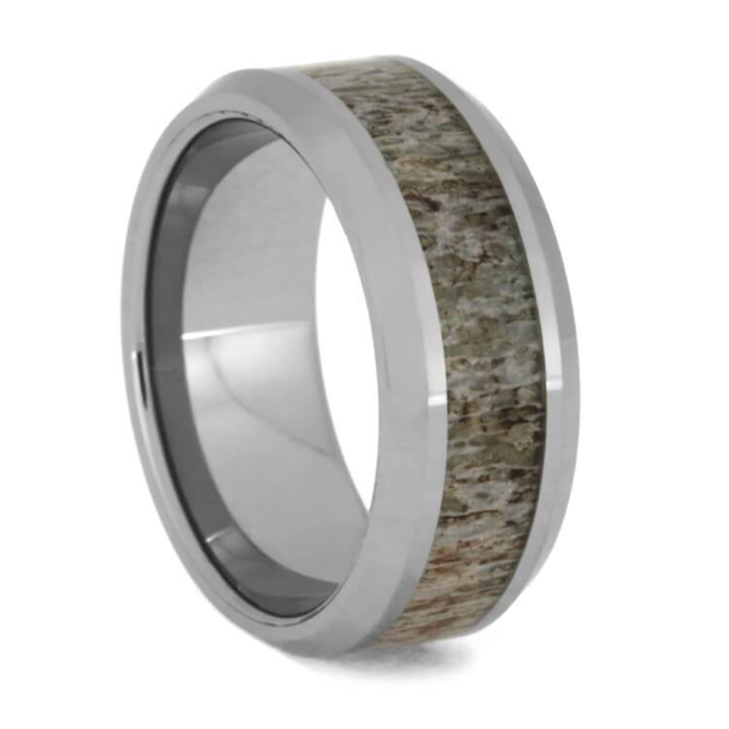 Deer Antler Wedding Band, Beveled Tungsten Ring