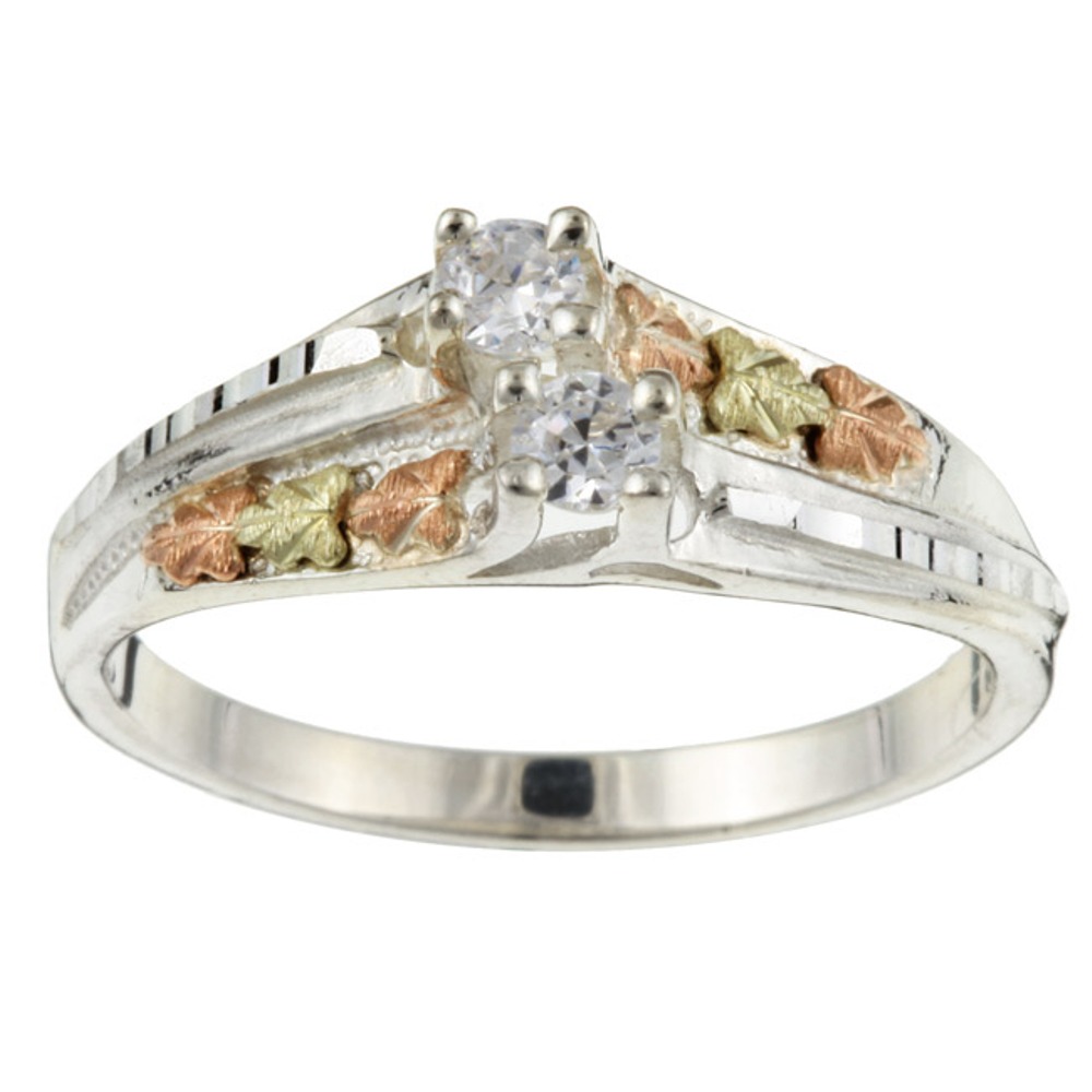 Sterling silver double cz ring with 12k rose gold and 12k green gold in Black Hills Gold.