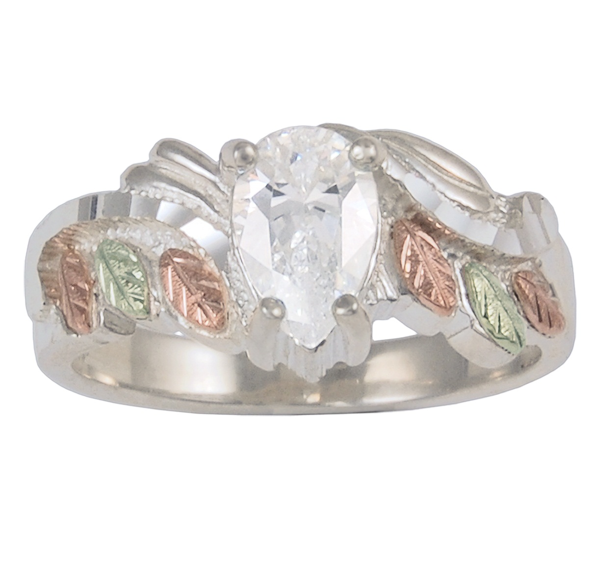 Sterling Silver Pear-Shape Cubic Zirconia Ring with 12k Rose and Green Gold 
