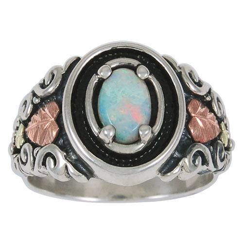 Opal Cabochon Antiqued Ring, Sterling Silver, 12k Green and Rose Gold Black Hills Gold Motif