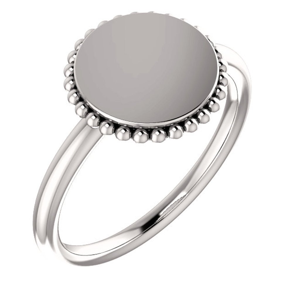 Engravable Beaded Signet Ring, Rhodium-Plated 14k White Gold
