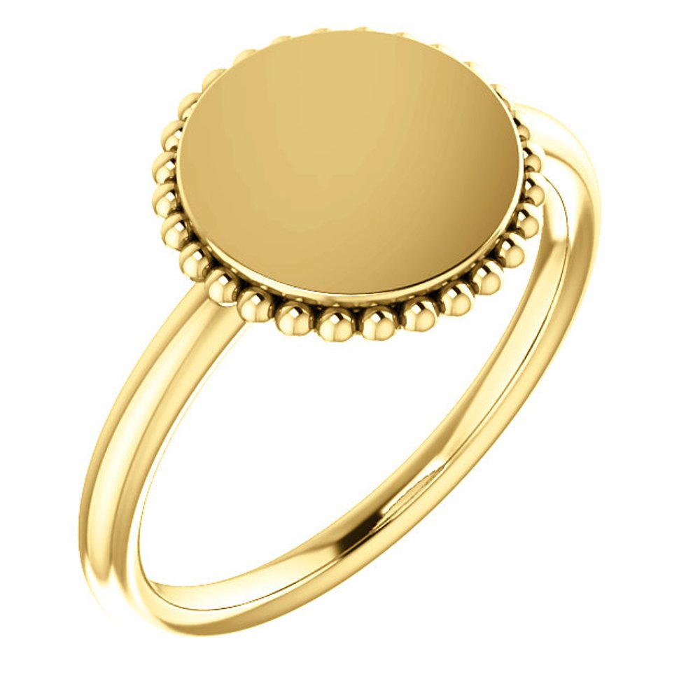 Engravable Beaded Signet Ring,14k Yellow Gold
