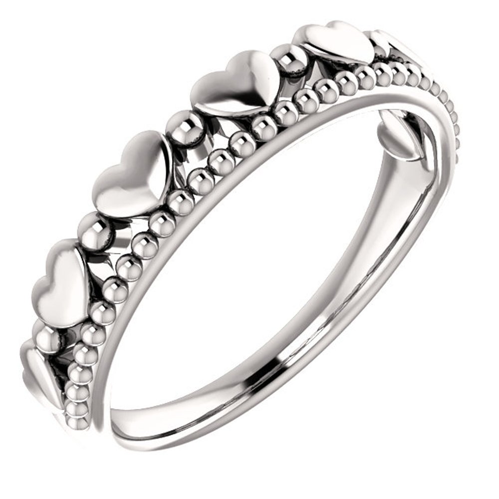 Stackable Beaded Heart Comfort-Fit Ring, Rhodium-Plated 14K White Gold   
