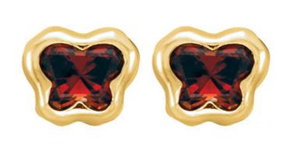 Girl's Bfly Dark Red CZ Butterfly January Birthstone Earrings, 14k Yellow Gold
