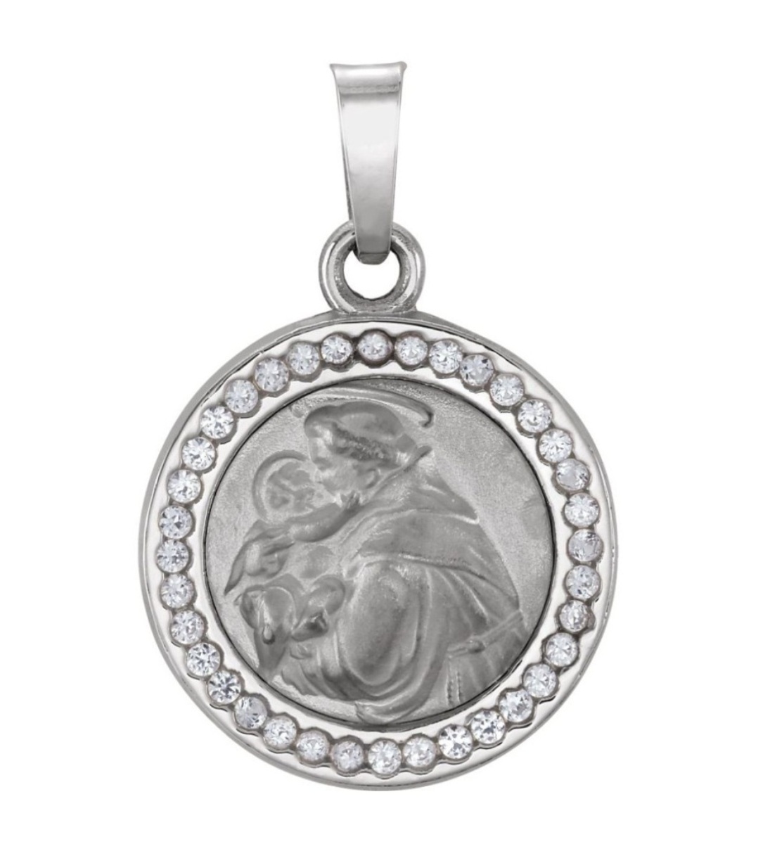 Rhodium-Plated 14k White Gold Round St. Anthony Medal with Created White Sapphire (14 MM)