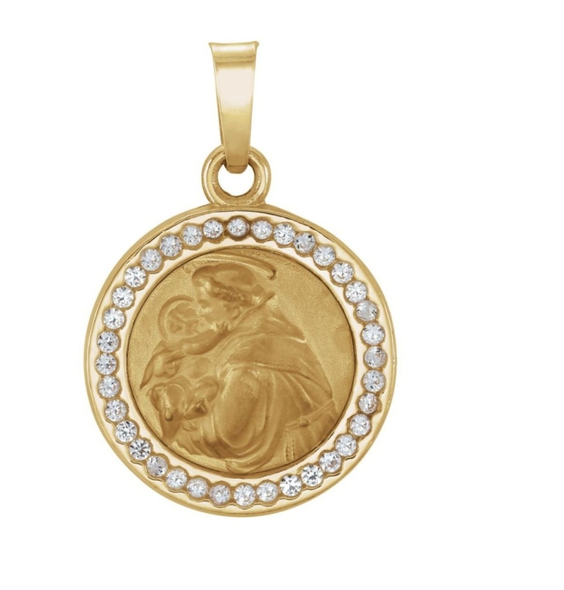 14k Yellow Gold Round St. Anthony Medal with Created White Sapphire (14 MM)