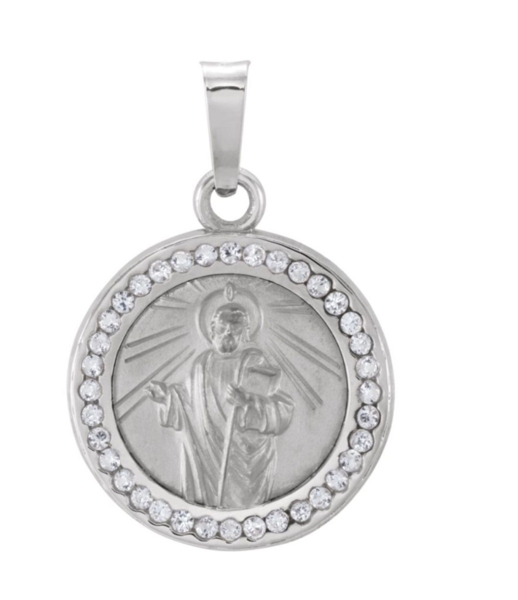 Rhodium-Plated 14k White Gold Round St. Jude Medal with Created White Sapphire (14 MM)