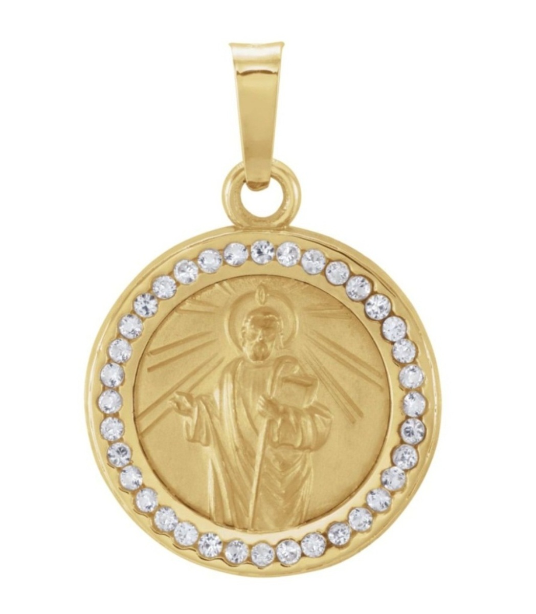 14k Yellow Gold Round St. Jude Medal with Created White Sapphire (14 MM)