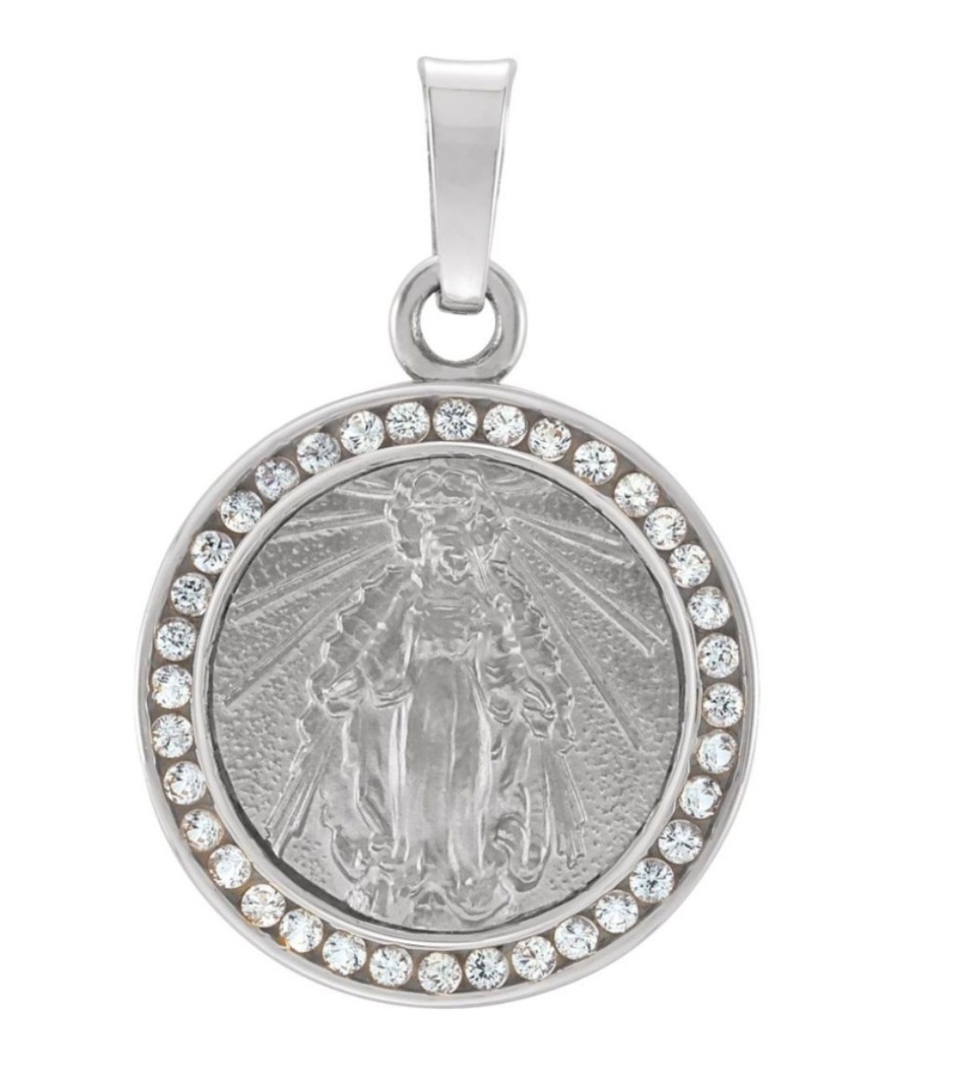 Rhodium-Plated 14k White Gold Round Miraculous Medal with Created White Sapphire (14 MM)