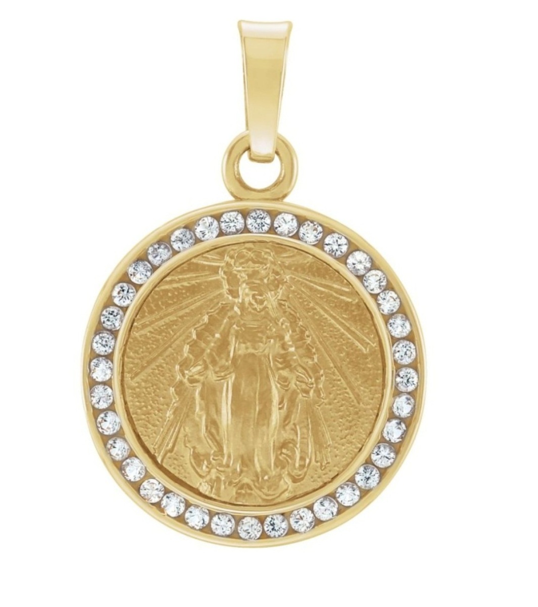 14k Yellow Gold Round Miraculous Medal with Created White Sapphire (14 MM)