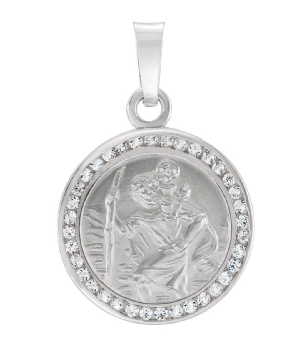 Rhodium-Plated 14k White Gold Round St. Christopher Medal with Created White Sapphire (14 MM)