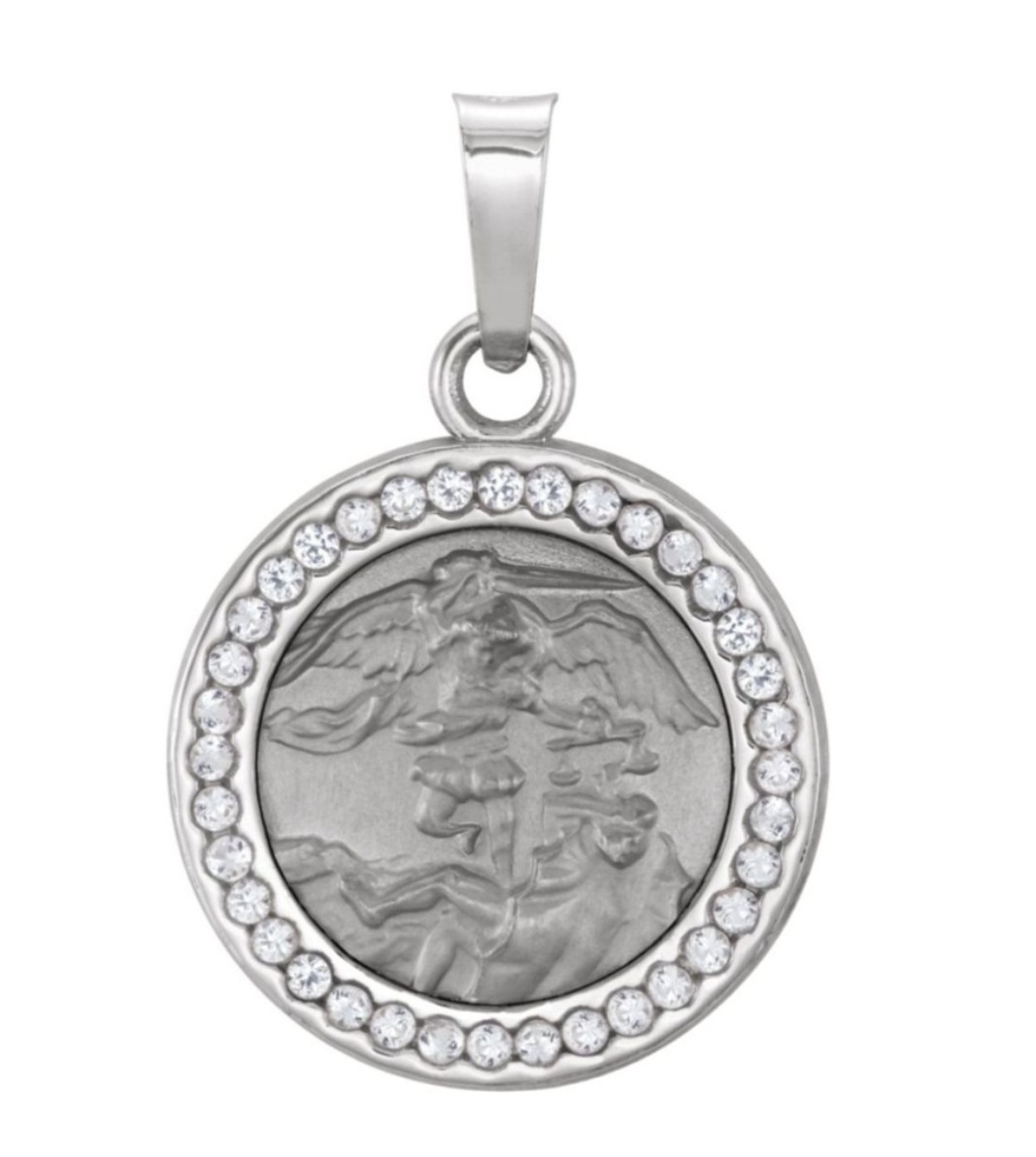 Rhodium-Plated 14k White Gold Round St. Michael Medal with Lab-Created White Sapphires (14 MM)